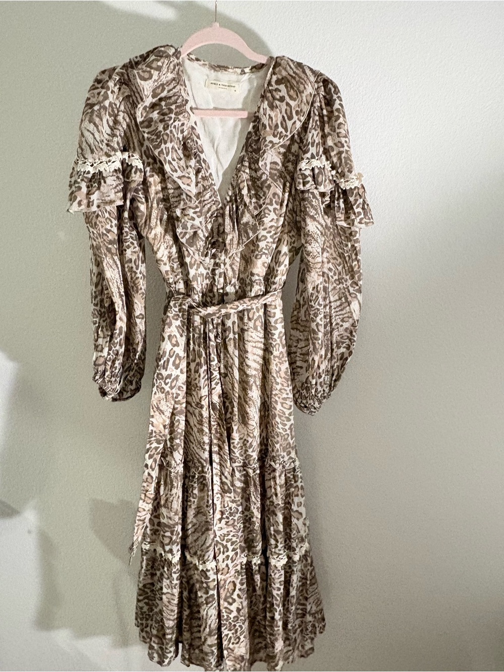 Spell & the Gypsy Collective Boho Tiered Ruffle Midi Dress in Taupe Leopard